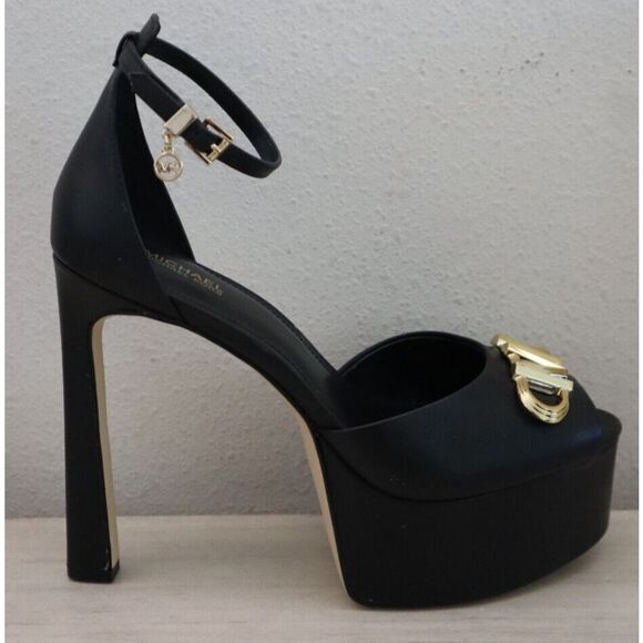 Michael Kors Women's Sz 8M Black Leather Martina 5" Peep-Toe Platform Pumps - Picture 6 of 11